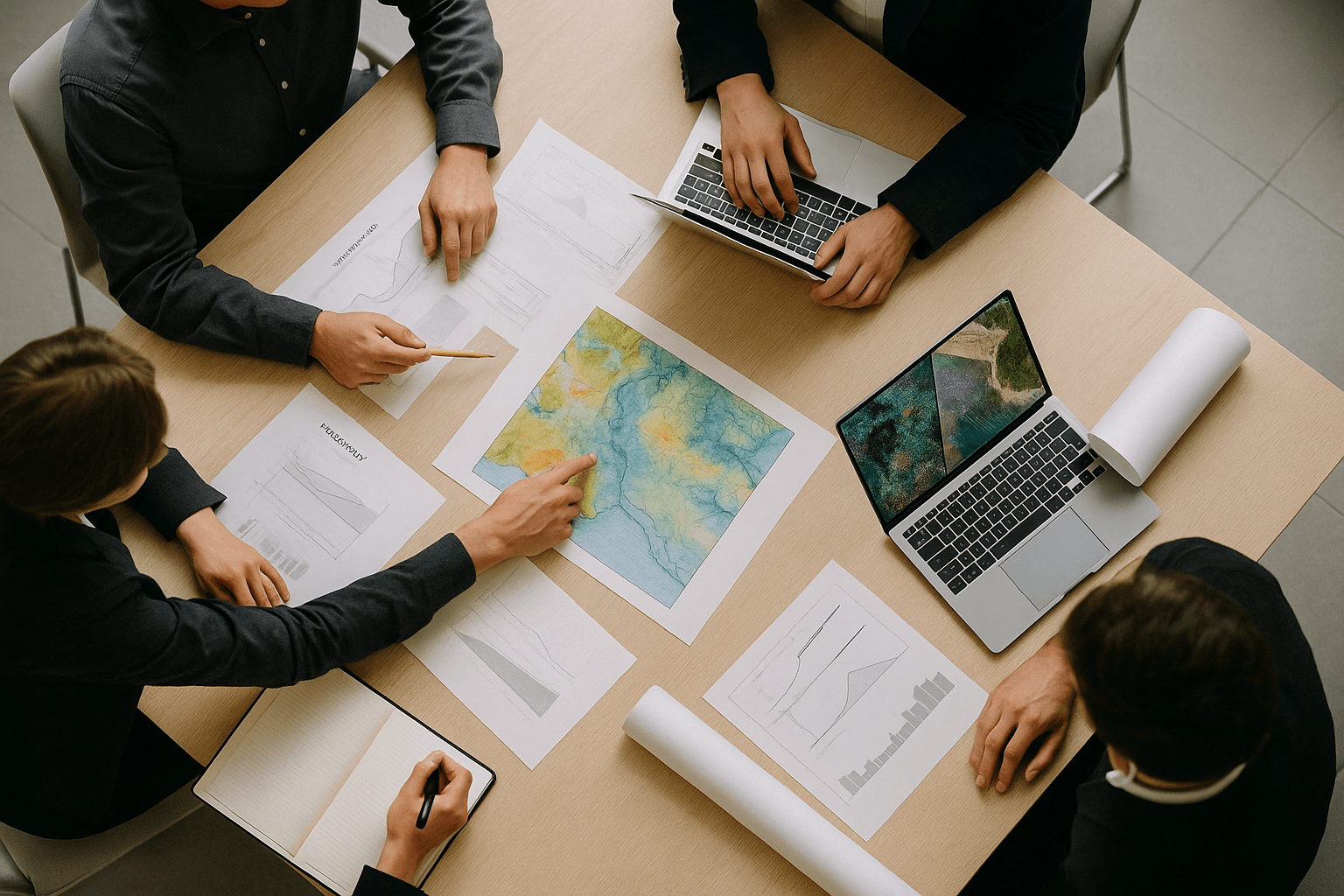 Equipo de ingeniería trabajando desde vista superior